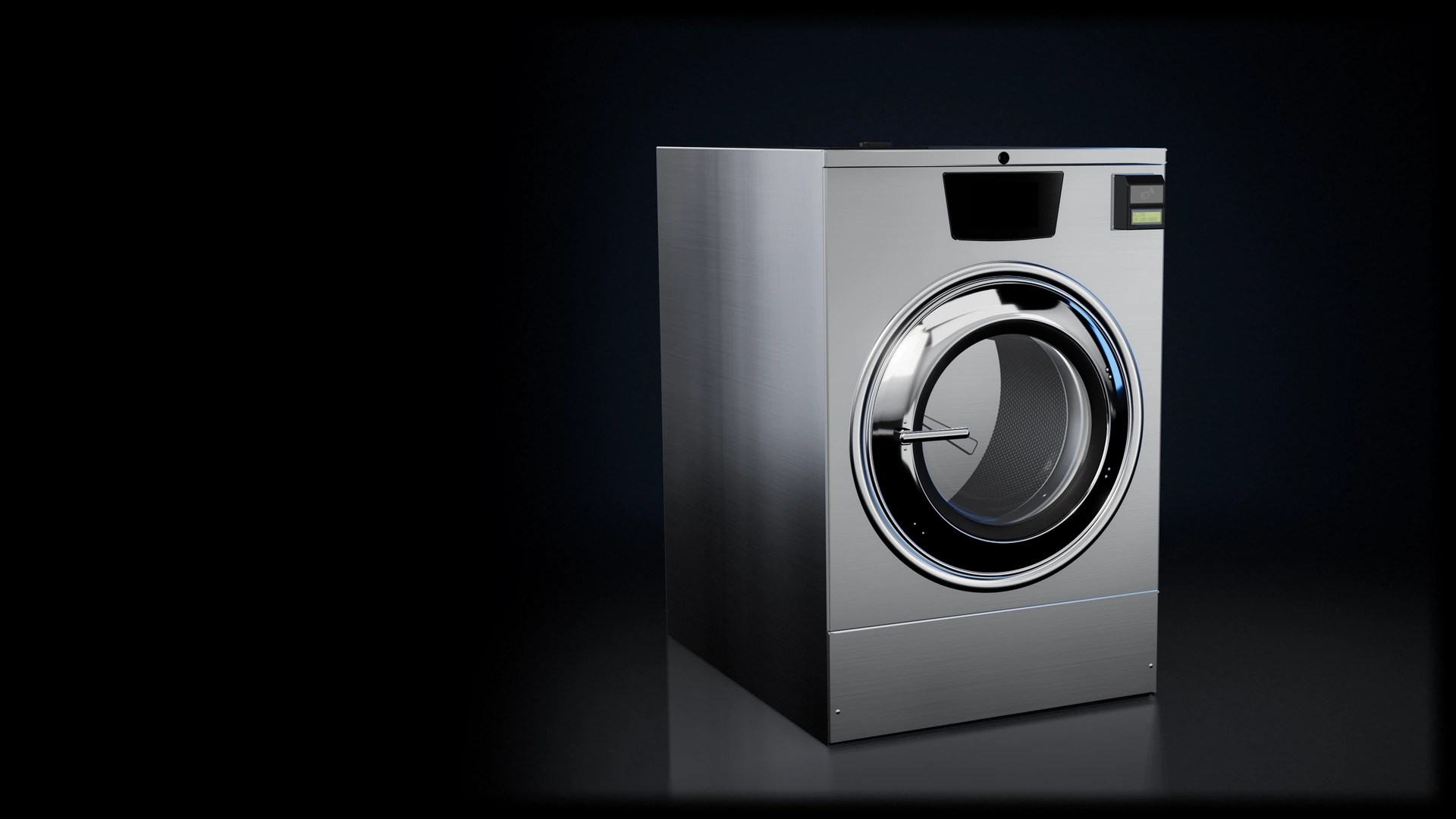 Illustration of a stainless steel Huebsch Galaxy Touch washer, lit against black, from the scroll animation built for Jet Laundry