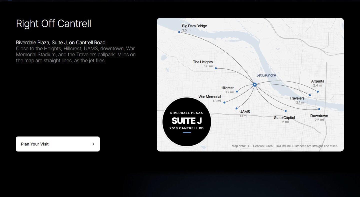The Jet Laundry route map of Little Rock, with lines from the store on Cantrell Road to nearby places and their miles